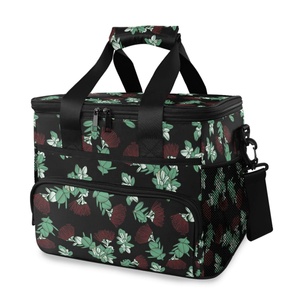 Portable Foldable Ohia Lehua Flower Waterproof Picnic Tote Cooler Bag Hawaiian Insulated Zipper Lunch Bag with Mesh Pockets - Product Image 1