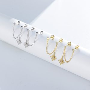 ต่างหูโซ่ร้อยเพทายลูกบาศก์ชุบทอง14K,ตุ้มหูห้อยเพชรปลอมแปด <span class=keywords><strong>Awn</strong></span> Star Drop Psj S925เงินสเตอร์ลิง - Product Image 2
