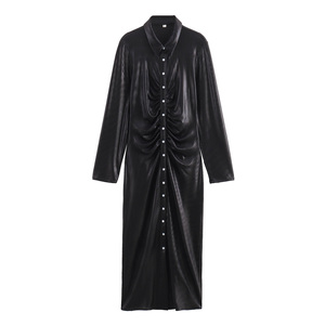 QSY 2025 T Rn cuello abajo manga larga <span class=keywords><strong>B</strong></span> Ttons <span class=keywords><strong>P</strong></span> Color negro frente plisado Cas Al moda vestido largo para mujer - Product Image 1