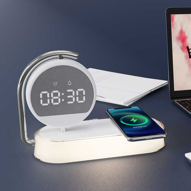 15W Portable LED Clock Night Light Desk Lamp 3-in-1 Wireless Charger with OTP Protection Alarm Clock for Earphones