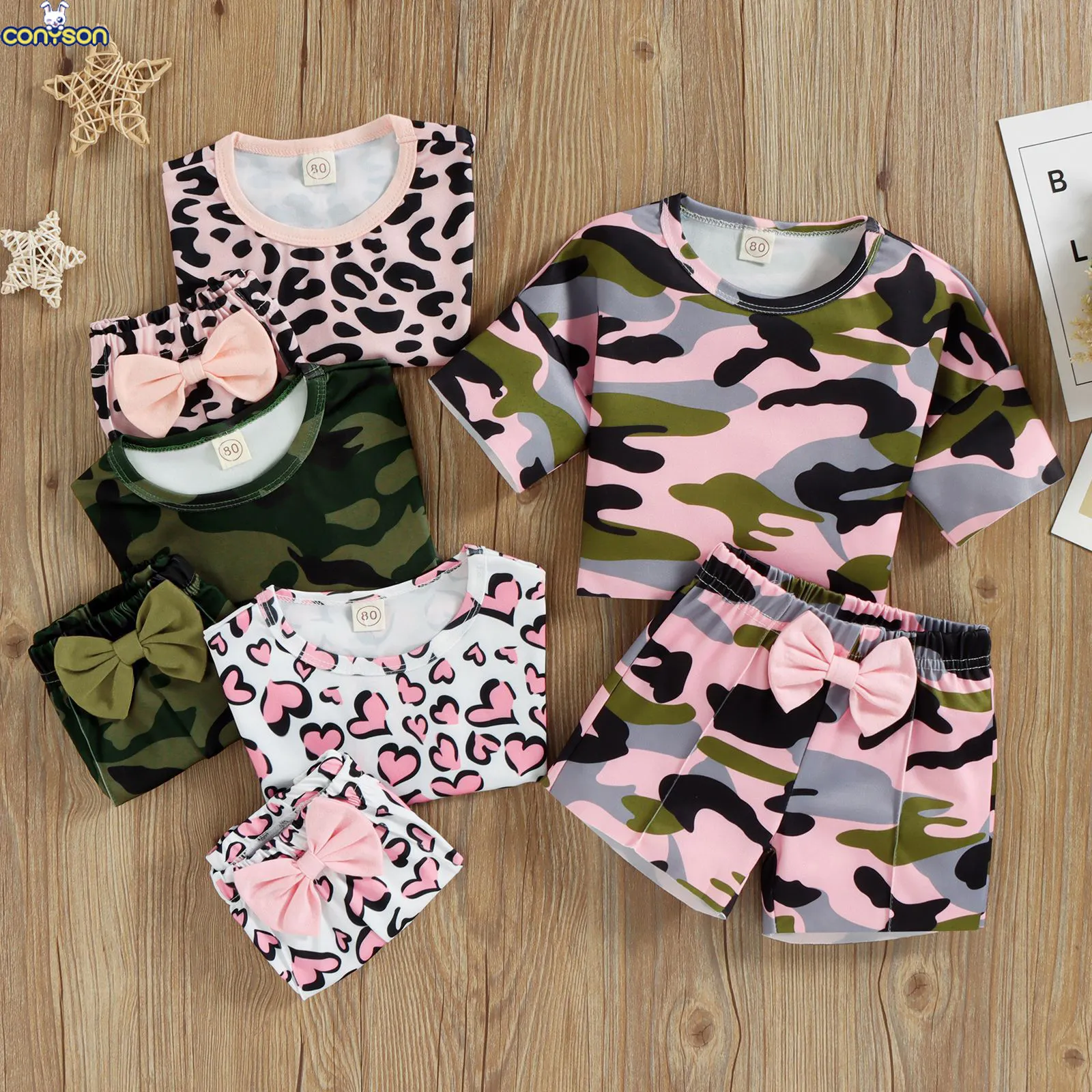 Conyson hot sale Latest korea Fashion designer Style Toddler Girl t-shirt Shorts clothes suit Kids leopard 2 pieces clothing Set