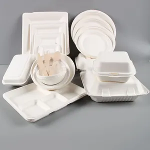 Cajas de comida degradables personalizadas, embalaje para comida rápida, bandeja de bagazo de pulpa de papel, vajilla desechable