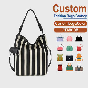 Sac à bandoulière en toile rayée et cuir personnalisé en usine, sac fourre-tout grande capacité pour femme, sac à main bandoulière - Product Image 1
