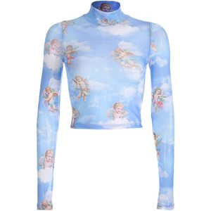 Top corto transparente de manga larga con cuello alto y estampado de ángel para mujer, ropa sexy para discoteca - Product Image 1