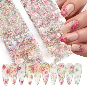 Lot de 10 autocollants de transfert pour nail art, motifs floraux roses et ciel étoilé, décorations pour manucure de mariage et d'été - Product Image 1