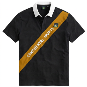 Camisa Negra de Manga Corta para Hombre, con Logotipo Diagonal Estampado, Transpirable, Diseño Deportivo Informal, Cierre de Botones, Rayas, 100% Algodón - Product Image 2