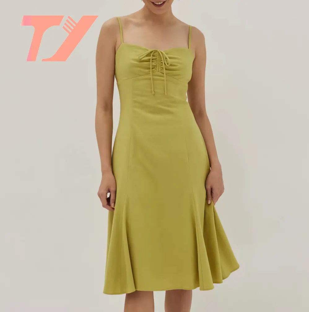 تويوي فستان نسائي طويل مكشكش ومبطن بالقطن الأخضر من الكتان للنساء