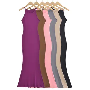 6色纯色意大利面条带针织休闲时尚夏季女性马克西连衣裙
