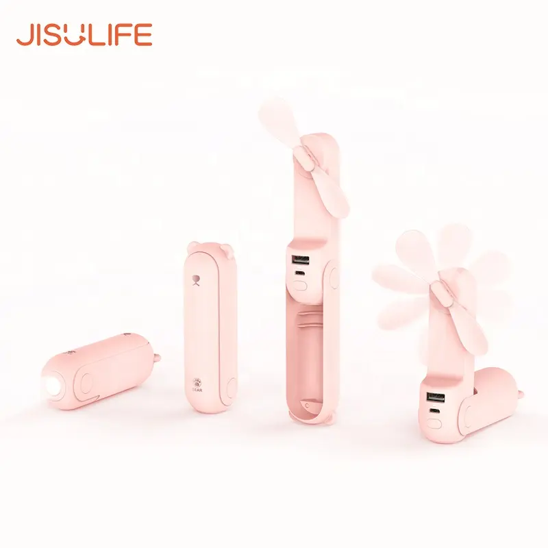 JISULIFE hot sale portable USB 3 in 1 bear mini fold fan 2000mAh capacity rechargeable with Torch & power bank function