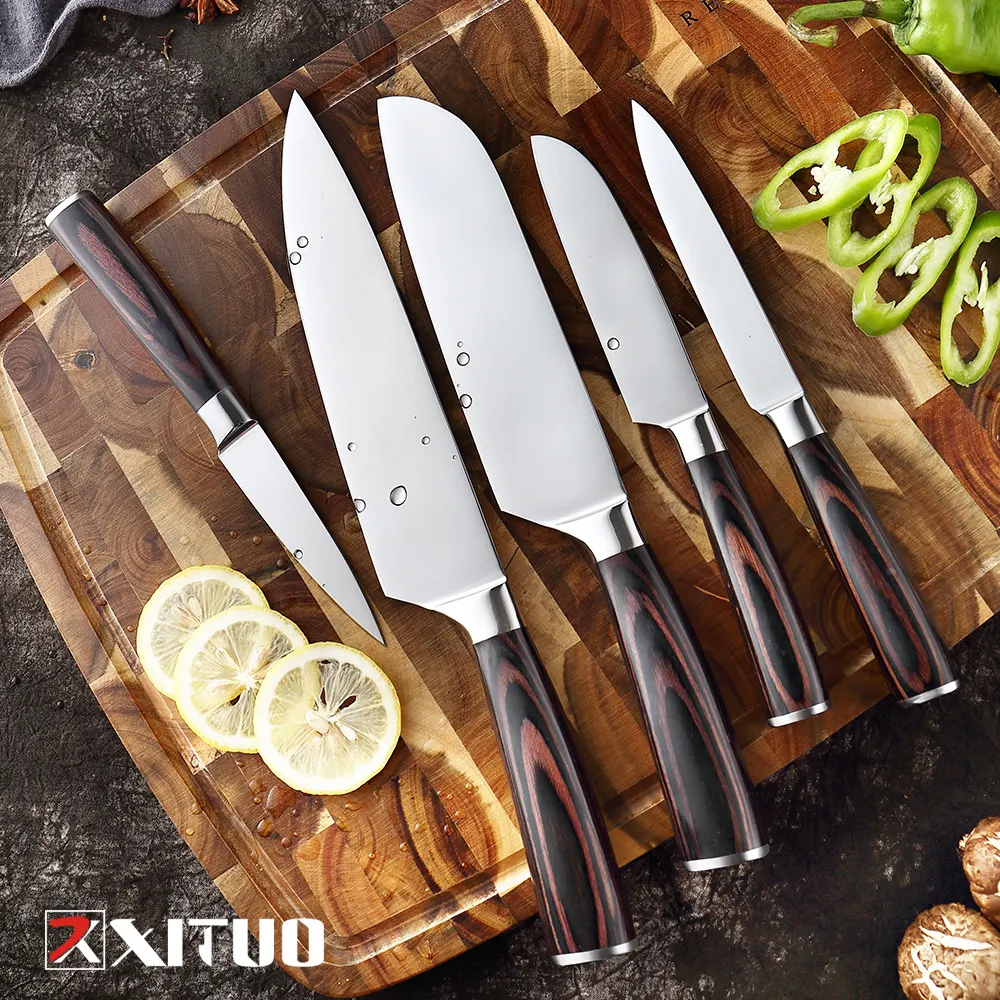 Dao nhà bếp thép không gỉ gọt tiện ích Santoku đầu bếp cắt lát trái cây dao bánh mì dao Nhật Bản công cụ bằng gỗ Hộp Quà Tặng Logo