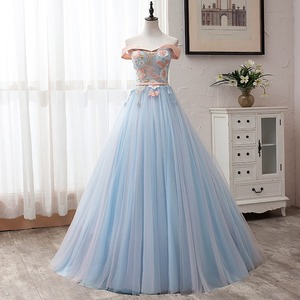 Off The Shoulder Light Blue Tulle Ball Gown Floral Print Empire Waist Evening Dress For Women Adult - Product Image 1