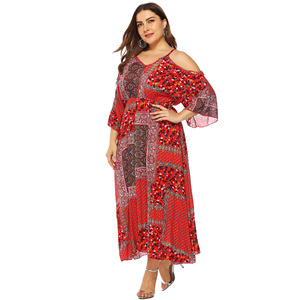 Maxi abito a tunica con maniche a sbuffo con spalle scoperte e maniche a sbuffo in cotone con stampa Vintage personalizzata Plus Size - Product Image 5