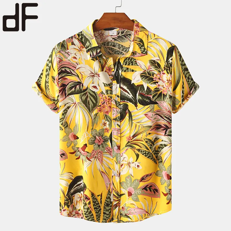 Camiseta masculina com gola de lapela, camiseta barata de tailândia com botão e estampa tropical slim para homens