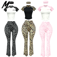 Ensemble de vêtements de sport pour femmes Milady, imprimé léopard, 2 pièces, t-shirt à manches longues, pantalon évasé taille haute, tenue de fitness, broderie personnalisée