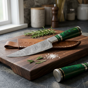 Cuchillo de caza de acero de Damasco con punta de gota, mango de madera verde y diseño de espiga completa - Product Image 3