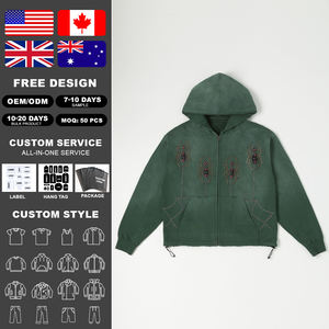 KingSen 100% Cotton French Terry <b>Fleece</b> Full <b>Zip</b> Hoodie Vintage Washed Drawstring Hem Spider Studded Oversized Streetwear - Product Image 2