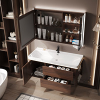 Meuble de salle de bain couleur noyer avec lavabo intégré en céramique, grand lavabo marin et table de lavabo