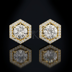 Art Deco Inspired Hexagon Halo Diamond With Round Cut Lab Grown Diamond <b>Earrings</b> In Solid Gold Featuring Secure Screw <b>Backs</b> - Product Image 1