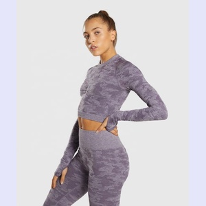 Yoga <span class=keywords><strong>Gym</strong></span> Wear Camo Seamless Leggings <span class=keywords><strong>Top</strong></span> de <span class=keywords><strong>manga</strong></span> <span class=keywords><strong>larga</strong></span> con agujero Back Set para mujeres - Product Image 1