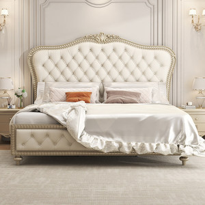 Lit en hêtre de style <span class=keywords><strong>palais</strong></span> français, luxe léger, rembourré en cuir, plateforme sculptée, tailles King et Queen - Product Image 1