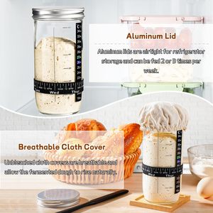 Pot en verre de 24 oz pour levain avec bande de marquage de date, thermomètre, spatule en silicone, couvercle en tissu cousu et couvercle en aluminium - Product Image 6