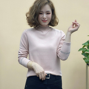 Women's High Neck Long Sleeve Slim Fit Knit Top With Rhinestone Detail Black Dark Gray Pink Burgundy Brown Elegant Soft Base - Product Image 4