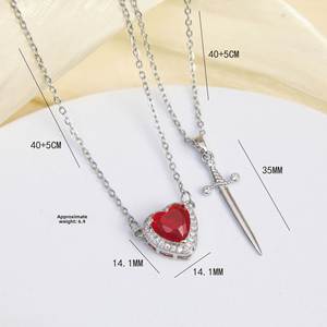 Collier de couple avec pendentif épée cœur en zircon rouge, chaîne de clavicule en acier titane, collier en acier inoxydable, cadeau pour la Saint-Valentin - Product Image 3