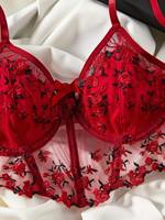 Conjunto de Lencería Sexy Transparente con Corsé y Sujetador Rojo de Encaje con Control Ligero para Mujeres y Chicas