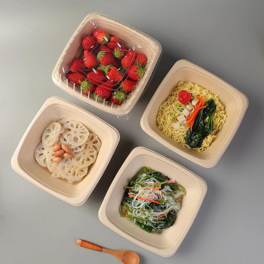 Sugarcane Fiber Bagasse Pulp 24/32 oz Paper Bowl Biodegradable Plate Bagasse Bowl with PET Lid