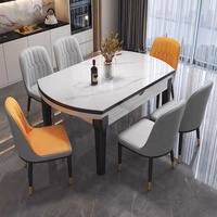 Ensemble table et chaises de salle à manger moderne extensible avec plateau en marbre de luxe et miroir, structure en acier inoxydable pliable pour maison, hôtel, entrée