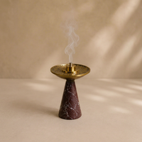 Brûleur d'encens de luxe en marbre rouge avec base en laiton doré antique, encensoir décoratif pour Bakhoor avec couvercle décoratif