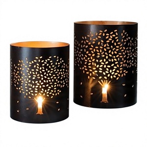 Iron <b>Candle</b> Lanterns With Tree Die Cut Design <b>Black</b> Gold Home Decoration Set Of 2 - Product Image 1