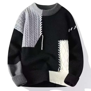 Pull en laine et polyester jacquard patchwork pour homme, tricot ample, lavable en machine, tendance pour l'hiver - Product Image 2