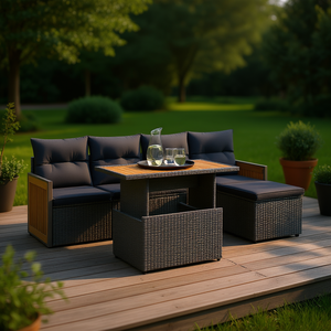 ชุดโซฟาหวายสีเทาเข้มทันสมัยสำหรับลานบ้าน พร้อมที่นั่งไม้ระแนง สำหรับ 6 คน คอลเลคชั่นเฟอร์นิเจอร์กลางแจ้ง - Product Image 2