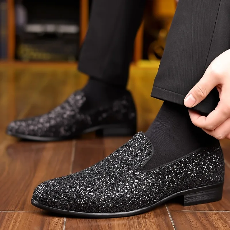 Luxury Loafers Men Shoes Gold Silver Sequin Wedding Fashion