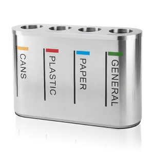 Factory Trash Bin Airport Metal Oval Color Code 4 Compartment Stainless Steel Dustbin Waste Trash Indoor Recycle Bin