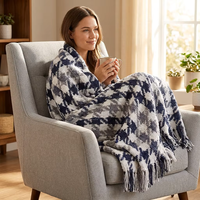 Hahnentritt-Muster Strickdecke mit Quasten für Sofa und Bett, Weiche Gemütliche Jacquard-Texturierte Dekorative Decke für Wohnzimmer