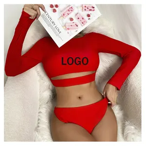 JSN7159 New Design swimwear factory 2024 New Long Sleeve Solid Swimsuit Bathing Suit swimwear fabric bikini swimwear thong