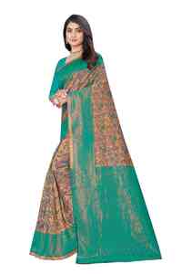 Traditional <b>Green</b> <b>Silk</b> Saree With Floral Print And Golden Border For Wedding And Festival Wear Women - Product Image 5