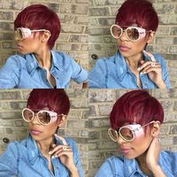 Bas prix de gros 99j rouge couleur vrai cheveux humain bresilienne perruque coupe courte pixie Bob cheveux humains pour femme