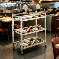 Chariot de service alimentaire pliable en acier inoxydable à 3 niveaux pour cuisine centrale et restaurant