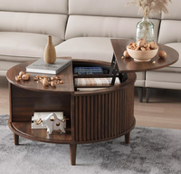 Table basse ronde en bois robuste avec compartiment de rangement dissimulé, en noyer cannelé, mobilier de salon, vente en gros pour appartement