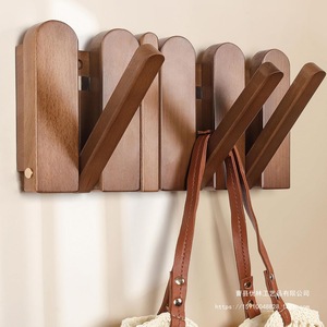Perchero de pared de madera maciza, plegable, con doble gancho, color marrón, para entrada, con ganchos de almacenamiento para el hogar, apartamentos de alquiler. - Product Image 1