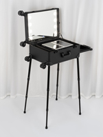 Valise de maquillage professionnelle à roulettes en aluminium, 4 roues, résistante à l'eau, avec miroir LED intégré et pieds pliables cachés, motif rayé tendance