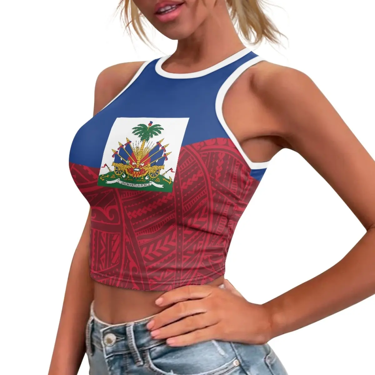 Top de colheita personalizado com logotipo Senhoras Fitness Yoga Workout Sem Mangas Colheita Tops Bandeira haitiana Mulheres Respirável Soft Crop Tank Tops