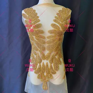 wuku 2020 1 piece MOQ hand make crystal top tulle applique patch in gold