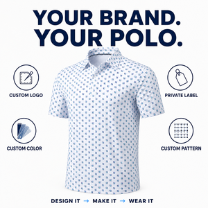 Polos de Golf Personalizados para Hombre, Blancos con Patrón Geométrico Azul, Manga Corta, Marca Privada, Fabricante OEM ODM - Product Image 1