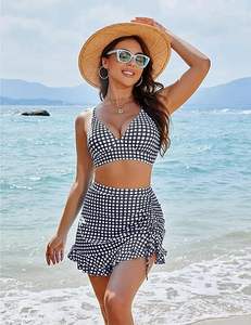 <span class=keywords><strong>Bañador</strong></span> a cuadros conservador de tres piezas ajustado para mujer recién llegado con logotipo en la parte delantera, traje que cubre el <span class=keywords><strong>vientre</strong></span> de esquina plana - Product Image 2