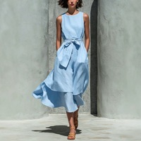 Gaun Maxi Linen Tan Elegan untuk Wanita, Gaun Tanpa Lengan Seksi dengan Ikat Pinggang, Model A-Line, Rok Panjang, Pakaian Santai Musim Panas untuk Pantai dan Resor