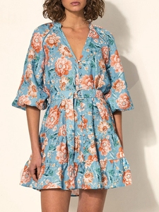 Vestido de lino informal para mujer con cuello en V estampado bohemio estilo festivo linterna manga corta Mini vestidos gran oferta cinturón para la temporada de primavera - Product Image 2